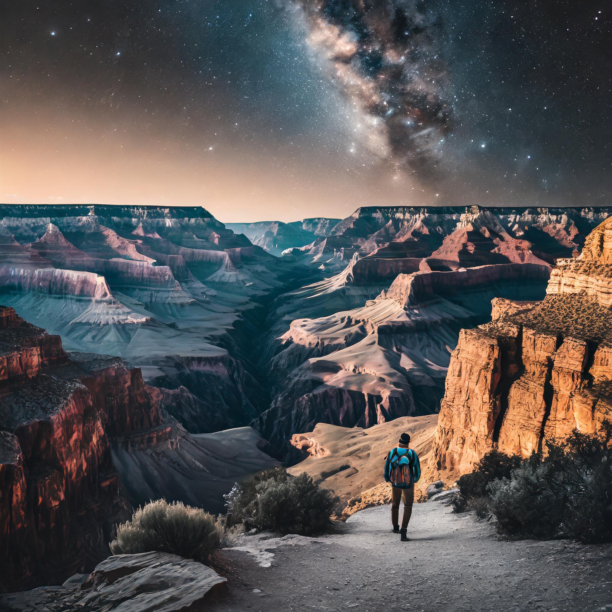 Photo of a man walking through the Grand Canyon at night.